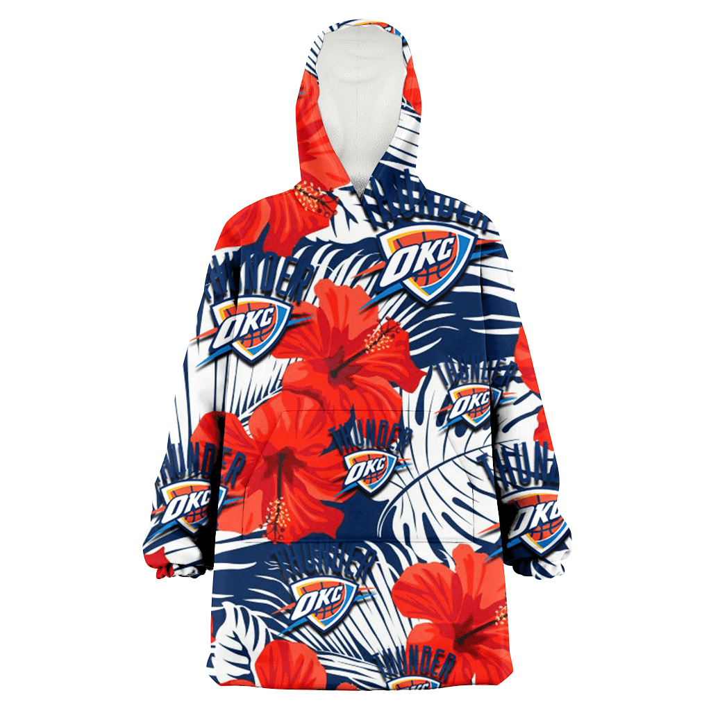 Oklahoma City Thunder White Tropical Leaf Red Hibiscus Navy Background 3D Printed Hoodie Blanket Snug Hoodie