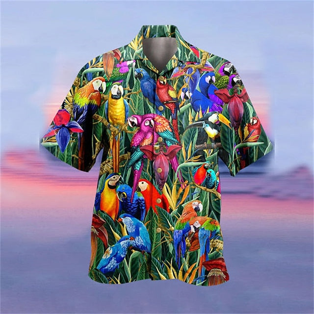 Men’S Shirt Summer Hawaiian Shirt, Camp Collar Shirt Graphic Shirt Aloha Shirt, Parrot Turndown Yellow Light Green Pink Red Blue 3D Print