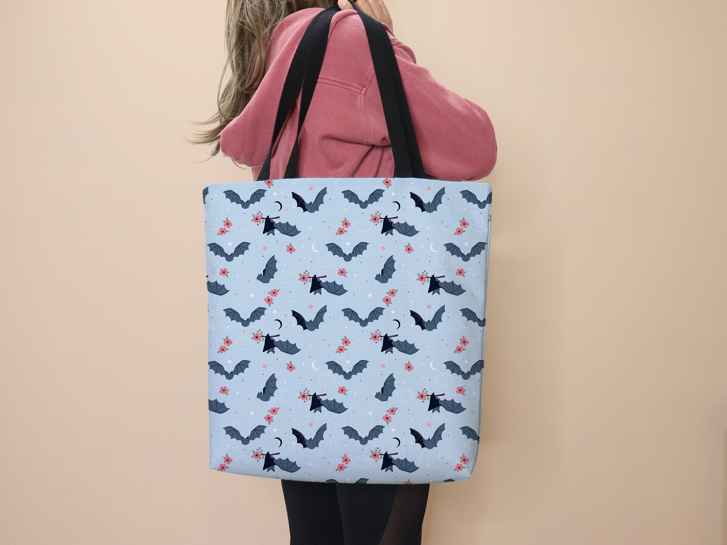 Bat Tote Bag Bats Bag School Tote Light Blue Gift Cute Bag Bat Moon Witchy Everyday Tote Grocery Bag Cute Bat Gift Work Tote Handle Canvas