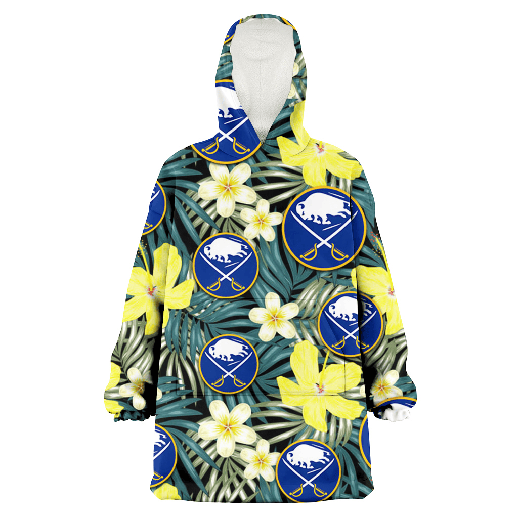 Buffalo Sabres Hibiscus Green Palm Leaf Black Background 3D Printed Hoodie Blanket Snug Hoodie
