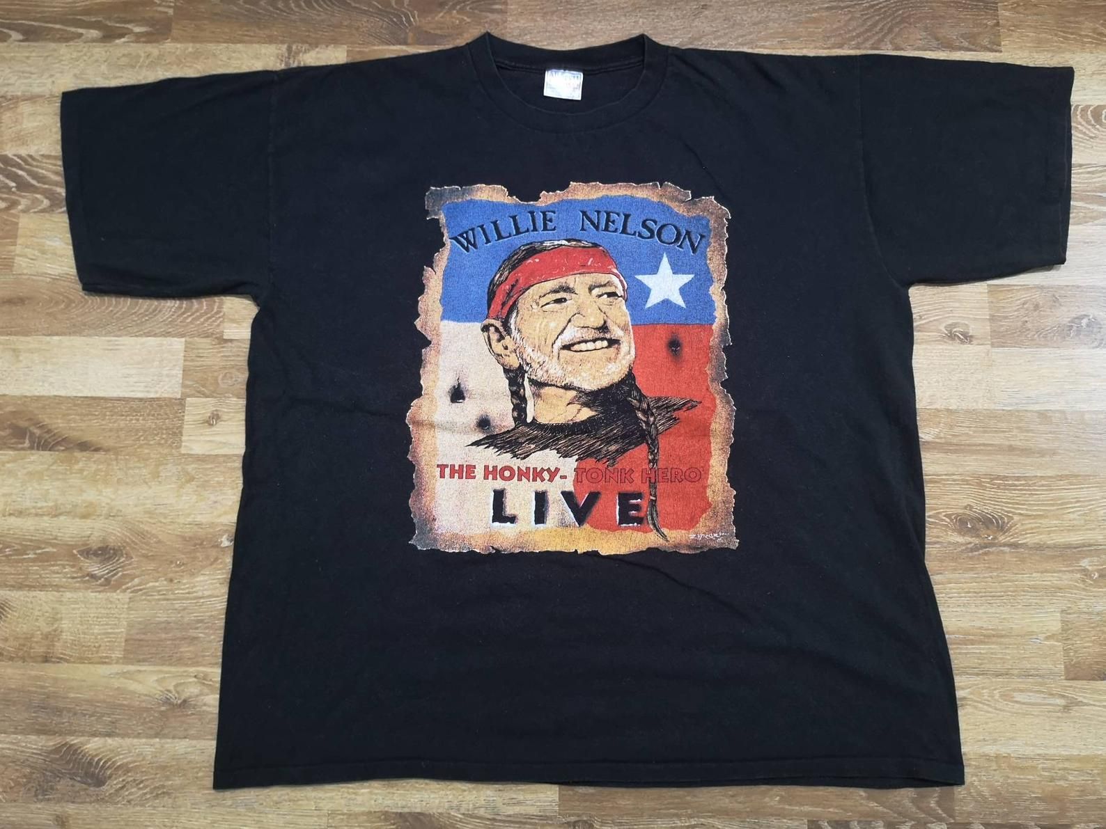 True Vintage Og 90’S American Musician Activist Willie Nelson The Honky Tonk Hero Live Show Promo T Shirt Tour Concert 2 Extra