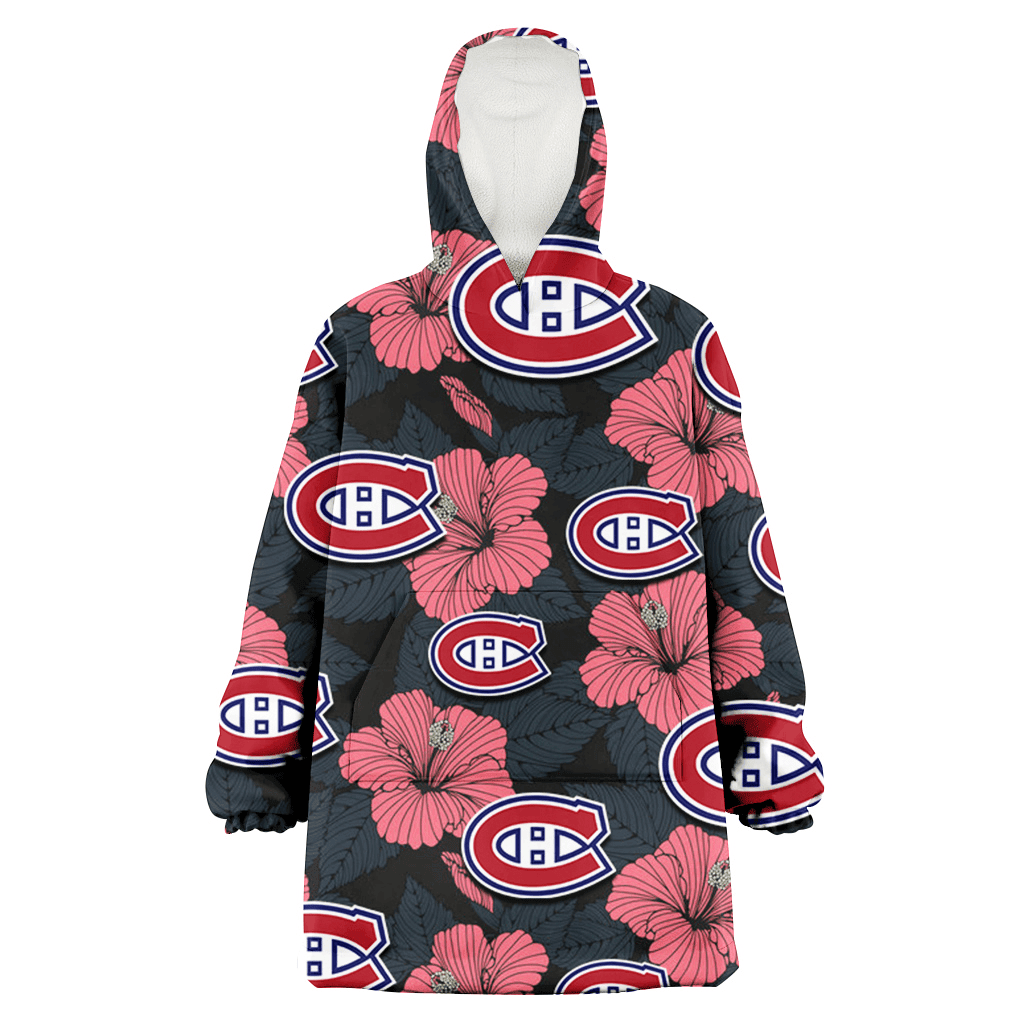 Montreal Canadiens Light Coral Hibiscus Gray Leaf Black Background 3D Printed Hoodie Blanket Snug Hoodie