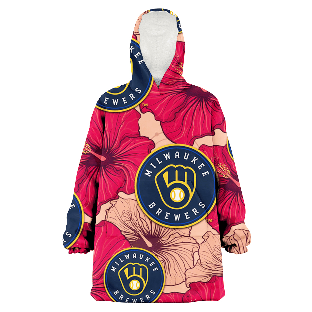 Milwaukee Brewers Red Beige Hibiscus Beige Background 3D Printed Hoodie Blanket Snug Hoodie