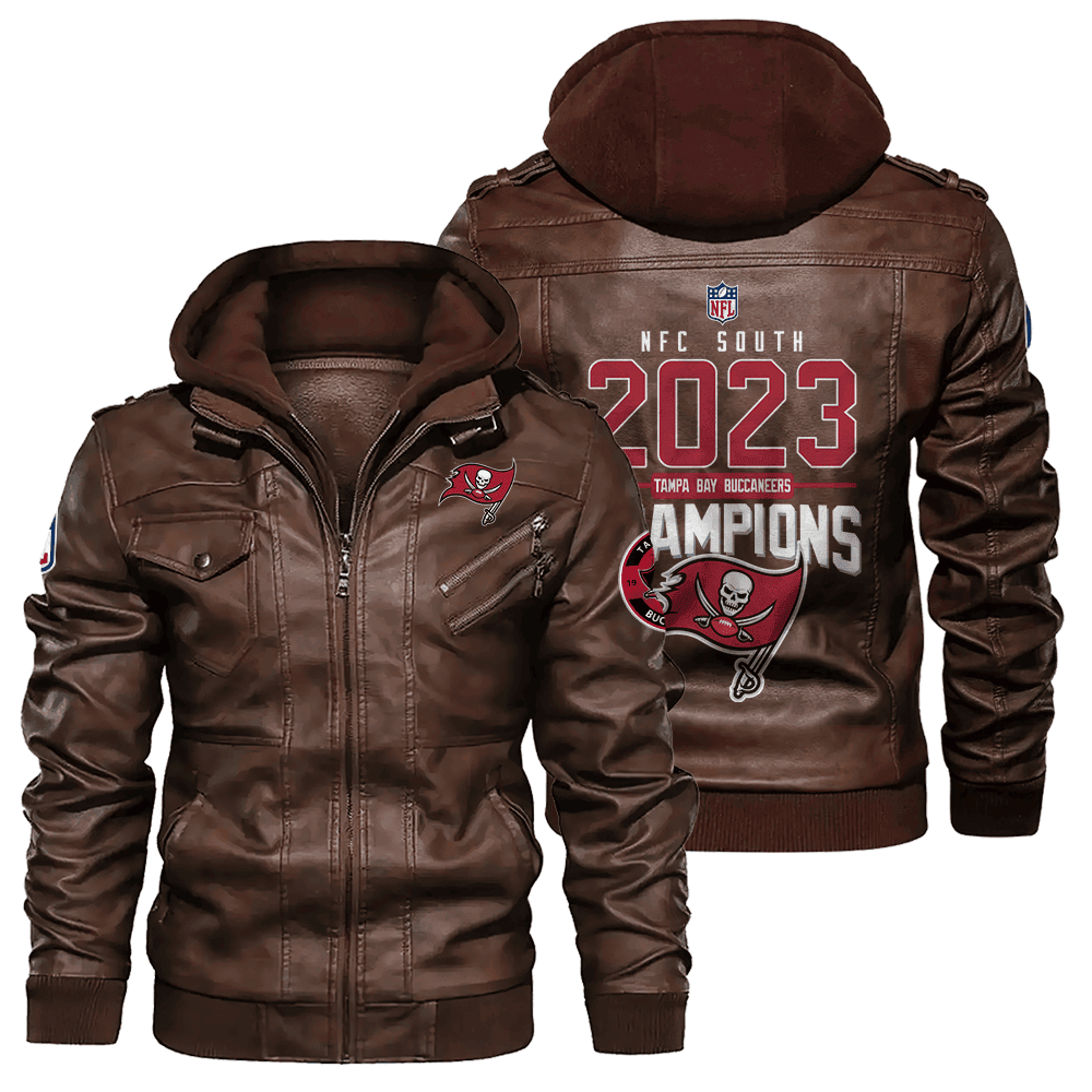 Tampa Bay Buccaneers NFC South 2023 Division Champions Team Logo Zip Brown Leather Jacket With Hood