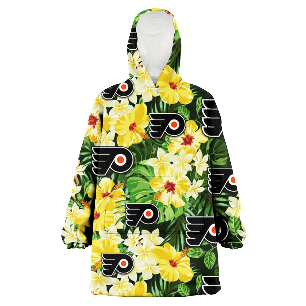 Philadelphia Flyers Yellow Hibiscus Tropical Green Leaf Black Background 3D Printed Hoodie Blanket Snug Hoodie