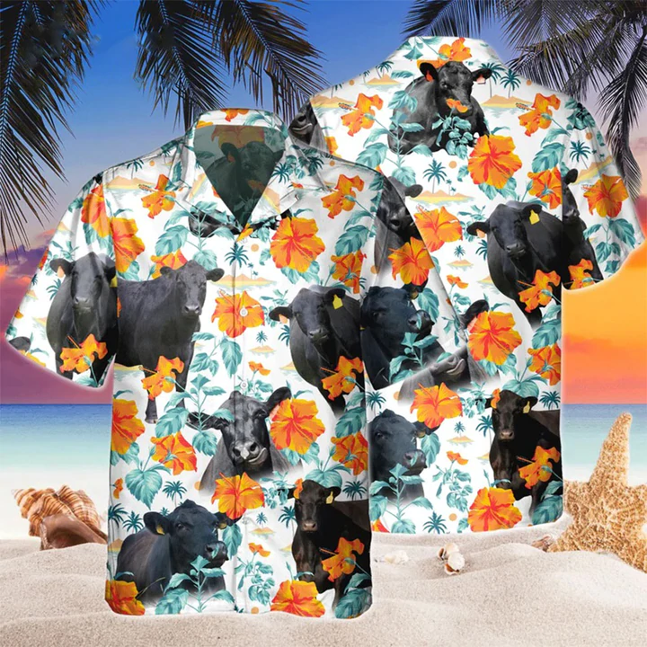 Gift For Cow Lovers, Black Angus Blue Floral Hawaiian Shirt, Vintage Hawaiian Shirt For Men, Women