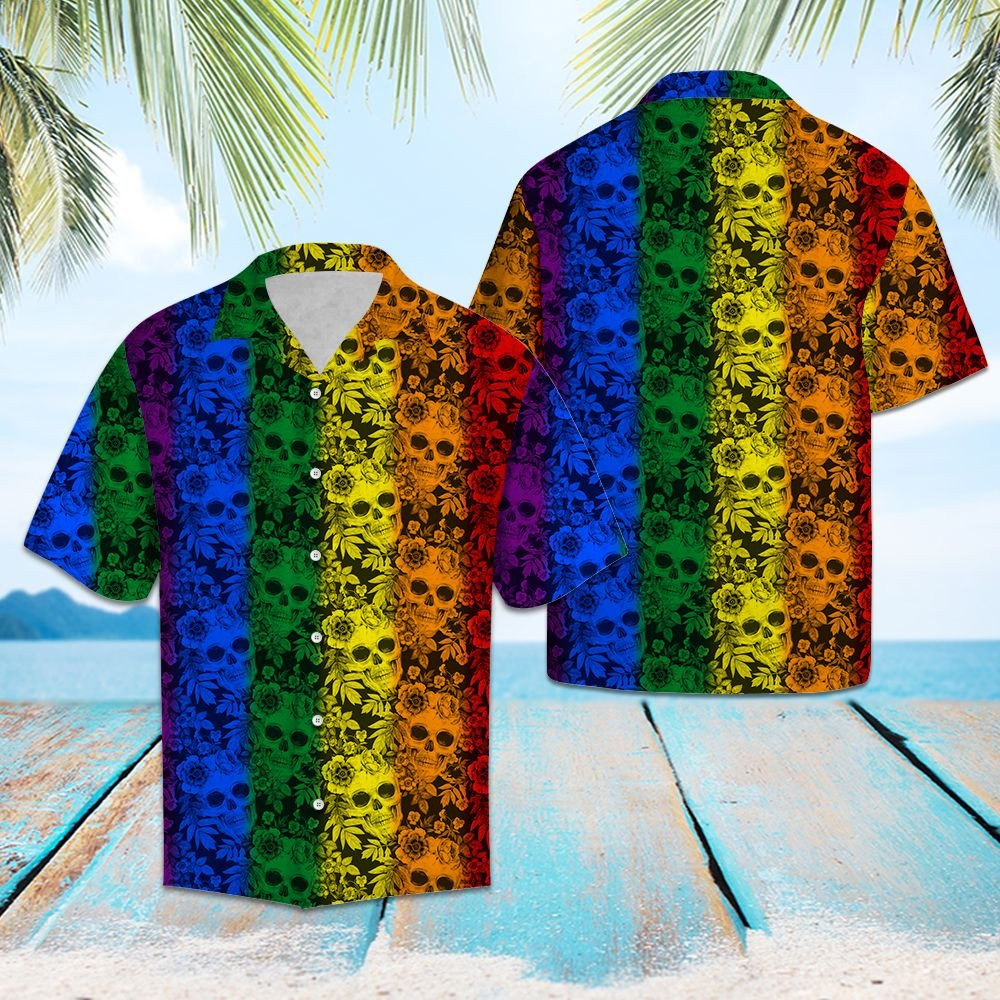 Tropical Plants And Skull Lgbt Color Striped Pattern Hawaiian Shirt, Gay Pride 3D Shirt