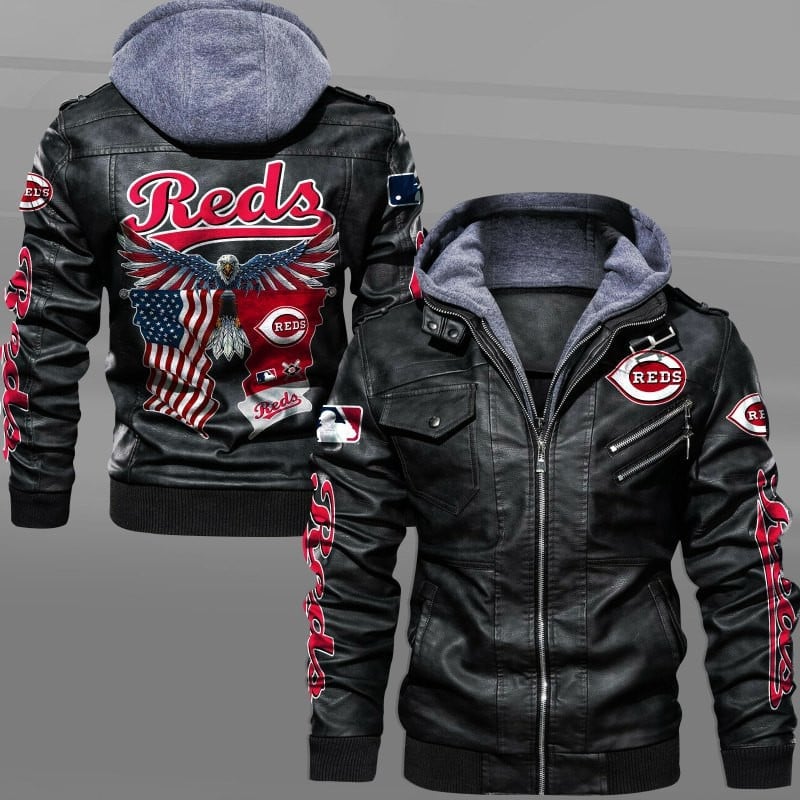 Cincinnati Reds MLB Eagle American Flag Team Logo Zip Leather Jacket With Hood