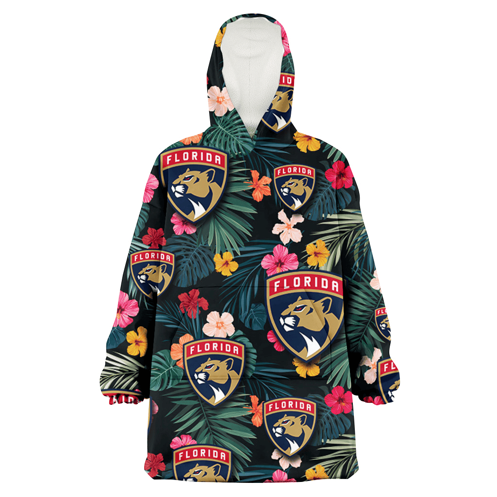 Florida Panthers Pink Yellow Orange Hibiscus Big Tropical Leaf Black Background 3D Printed Hoodie Blanket Snug Hoodie