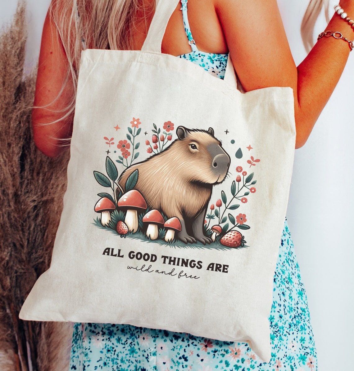 Capybara Tote Bag Capybara Gift Wildflower Tote Bag Cottagecore Bag Cottagecore Tote Bag Strawberry Tote Bag Cool Tote Bag Animal Tote Bag