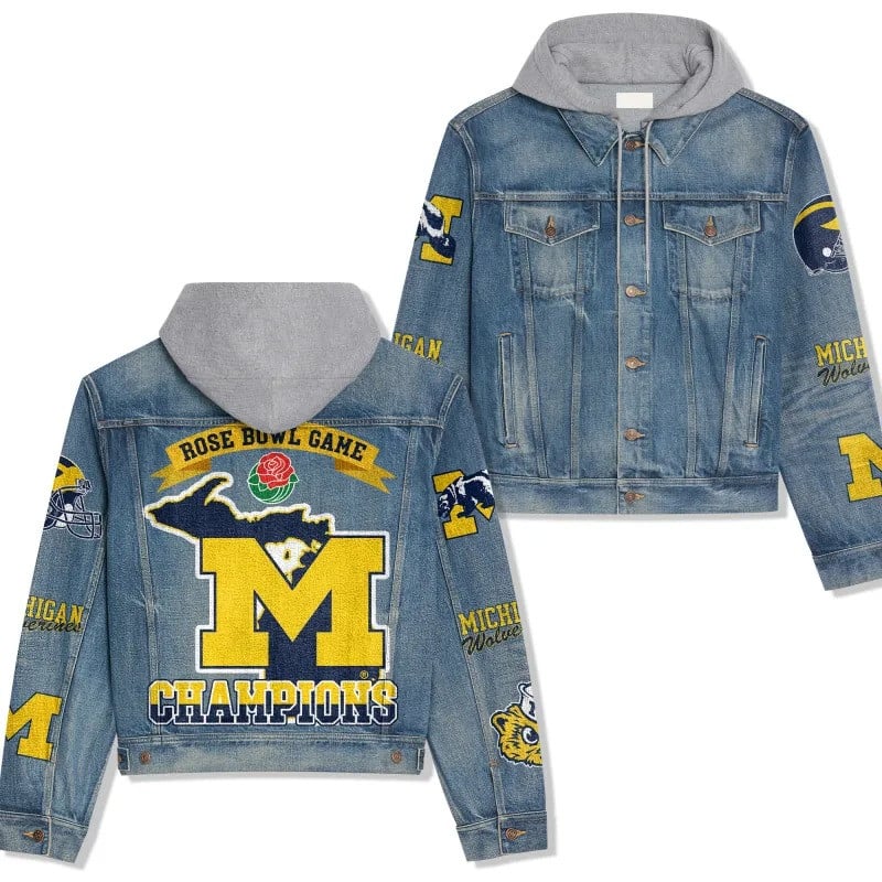 Michigan Wolverines NCAA Team Logo & Motto v6 3D Hooded Denim Jacket