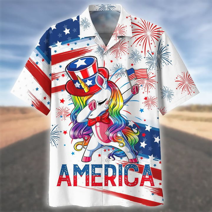 3D All Over Print Unicorn Color Hawaiian Shirt, Happy Independence Day Unicorn 3D Shirt