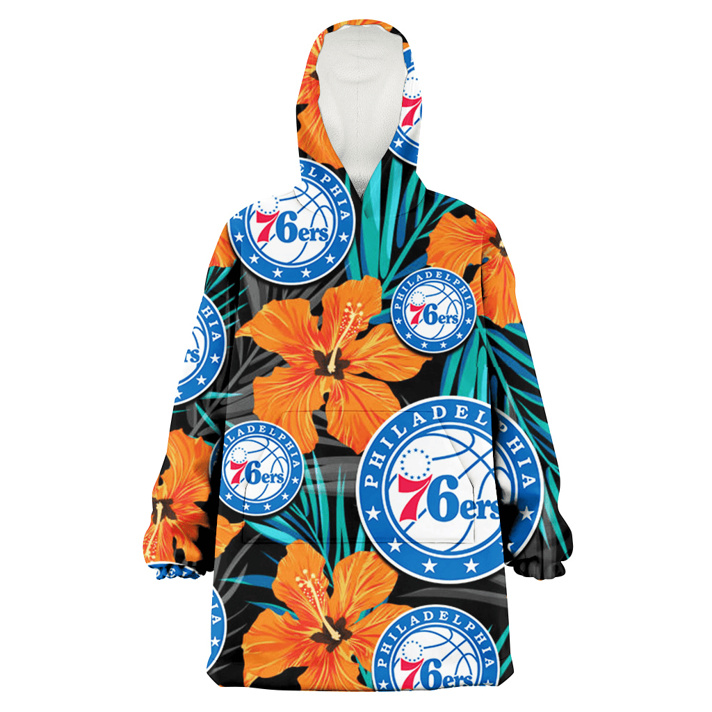 Philadelphia 76ers Orange Hibiscus Blue Gray Leaf Black Background 3D Printed Hoodie Blanket Snug Hoodie