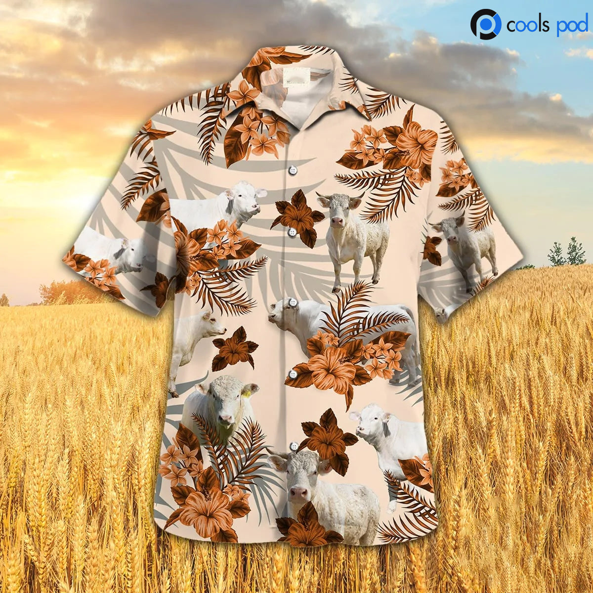 Charolais Hibiscus Pattern Hawaiian Shirt, Farm Hawaiian Shirt, Cool Orange Hawaii Shirt Men Women