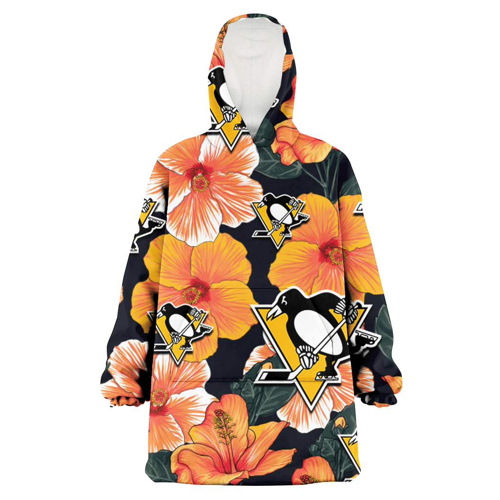 Pittsburgh Penguins Orange Hibiscus Dark Green Leaf Black Background 3D Printed Hoodie Blanket Snug Hoodie