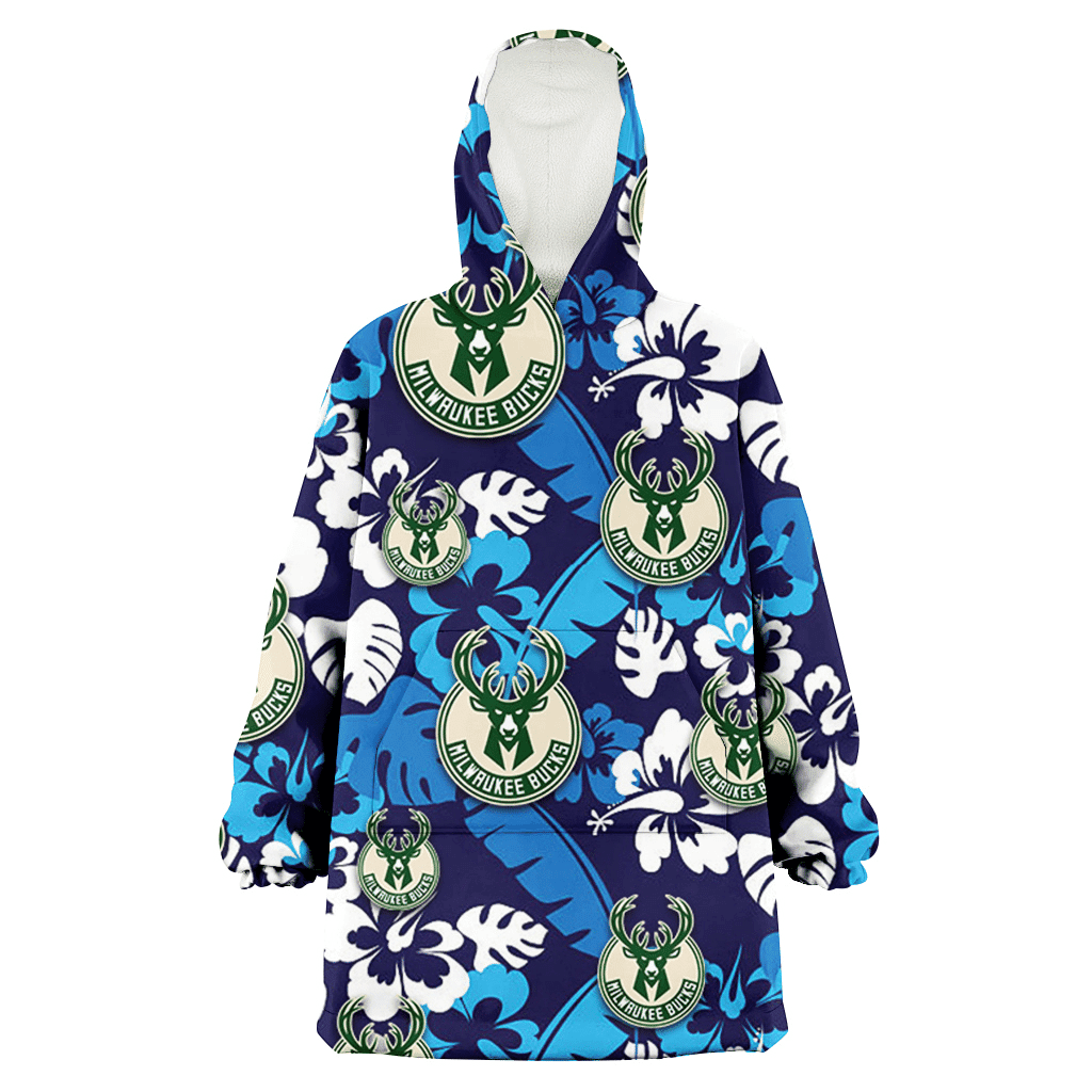 Milwaukee Bucks Light Blue Hibiscus Banana Leaf Navy Background 3D Printed Hoodie Blanket Snug Hoodie