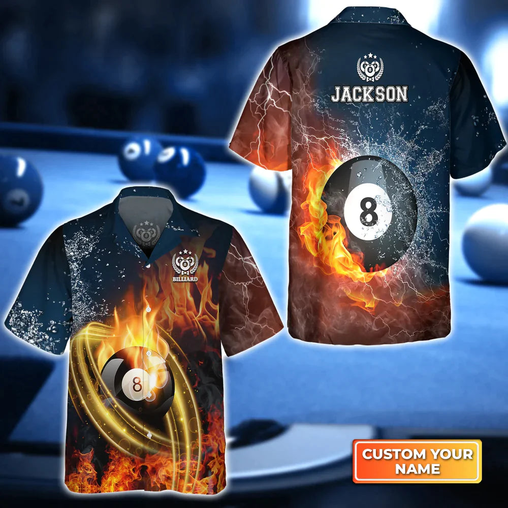 8 Ball Billiard On Fire Personalized Name 3D Hawaiian Shirt, Gift For Billiard Players