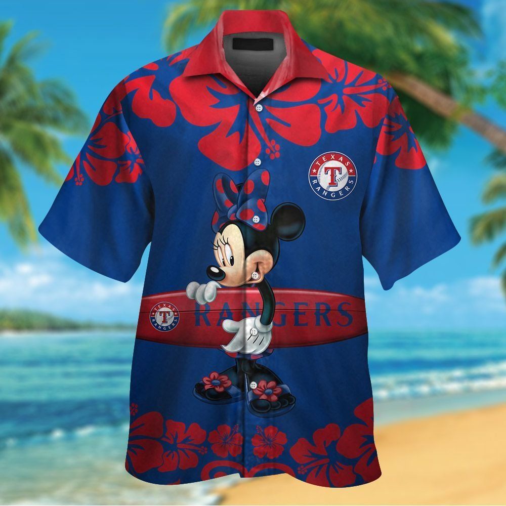 Texas Rangers Minnie Mouse Short Sleeve Button Up Tropical Hawaiian Shirt