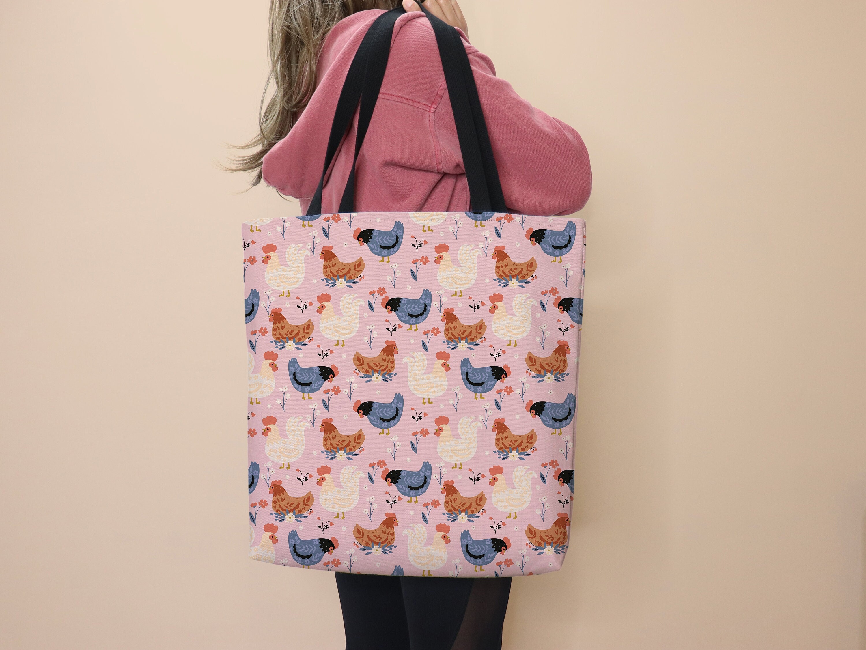 Chicken Bag Canvas Tote Farm Rustic Bag School Tote Chicken Owner Gift Cute Bag Vintage Chicken Tote Grocery Bag Chicken Hen Work Tote Pink