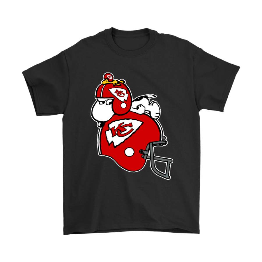 Snoopy And Woodstock Resting On Kansas City Chiefs Helmet Shirts