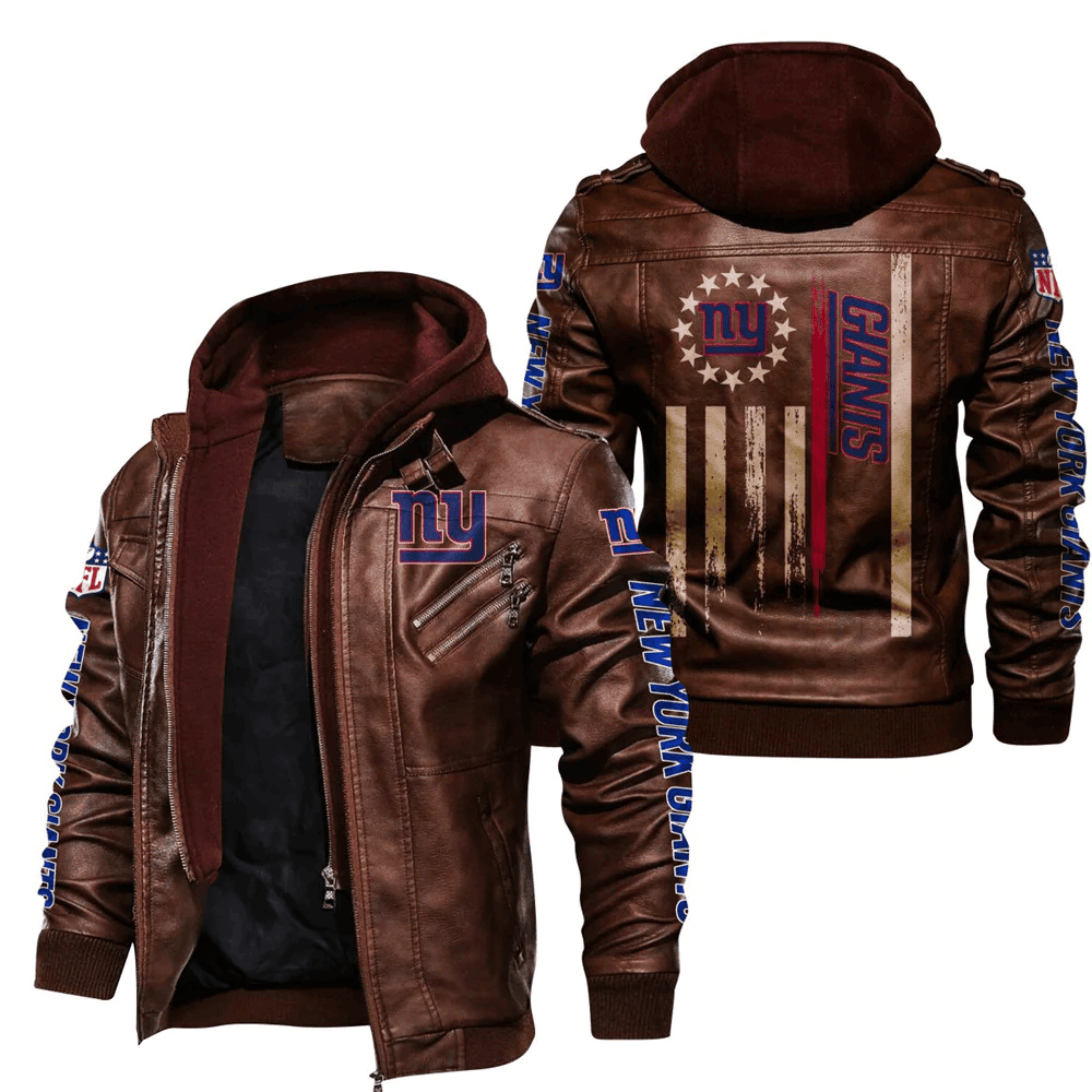 New York Giants Flag Zip Leather Jacket With Hood