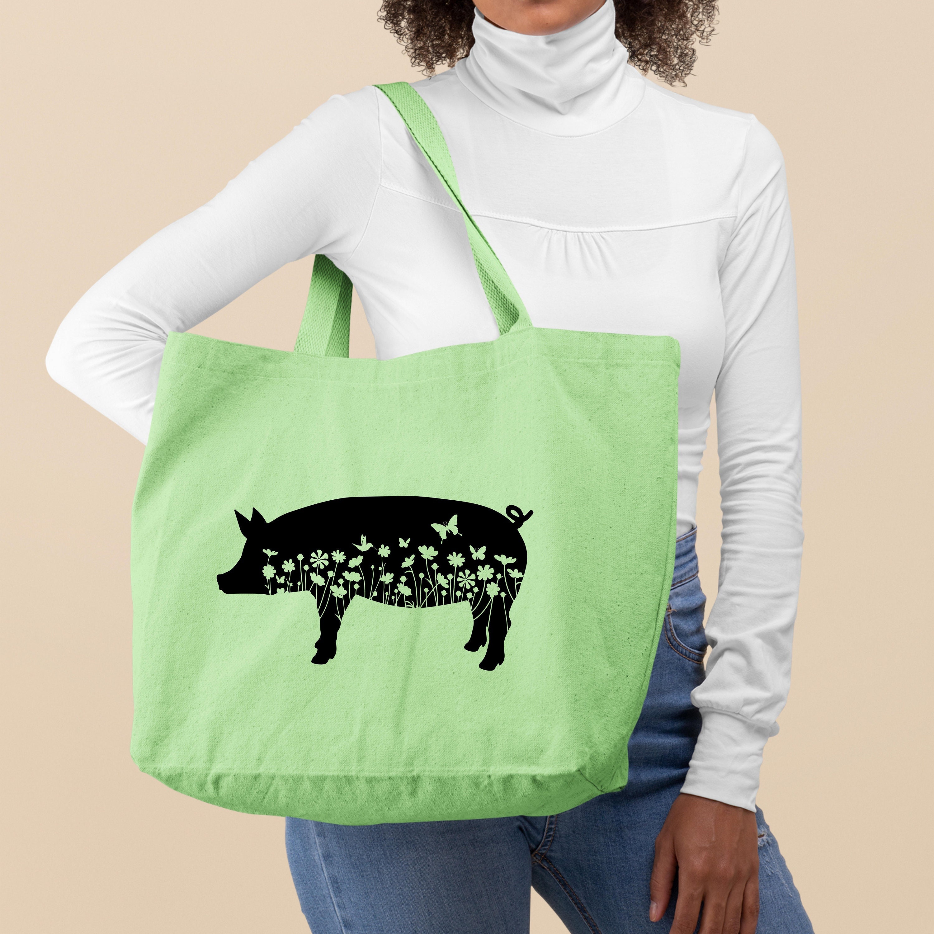 Floral Pig Tote Bag, Cute Pig Tote Bag, Canvas Tote Bag,Unique Gift for Animal Lovers,Animal Floral Tote Bag,Women Shoulder Bag,Shopping Bag