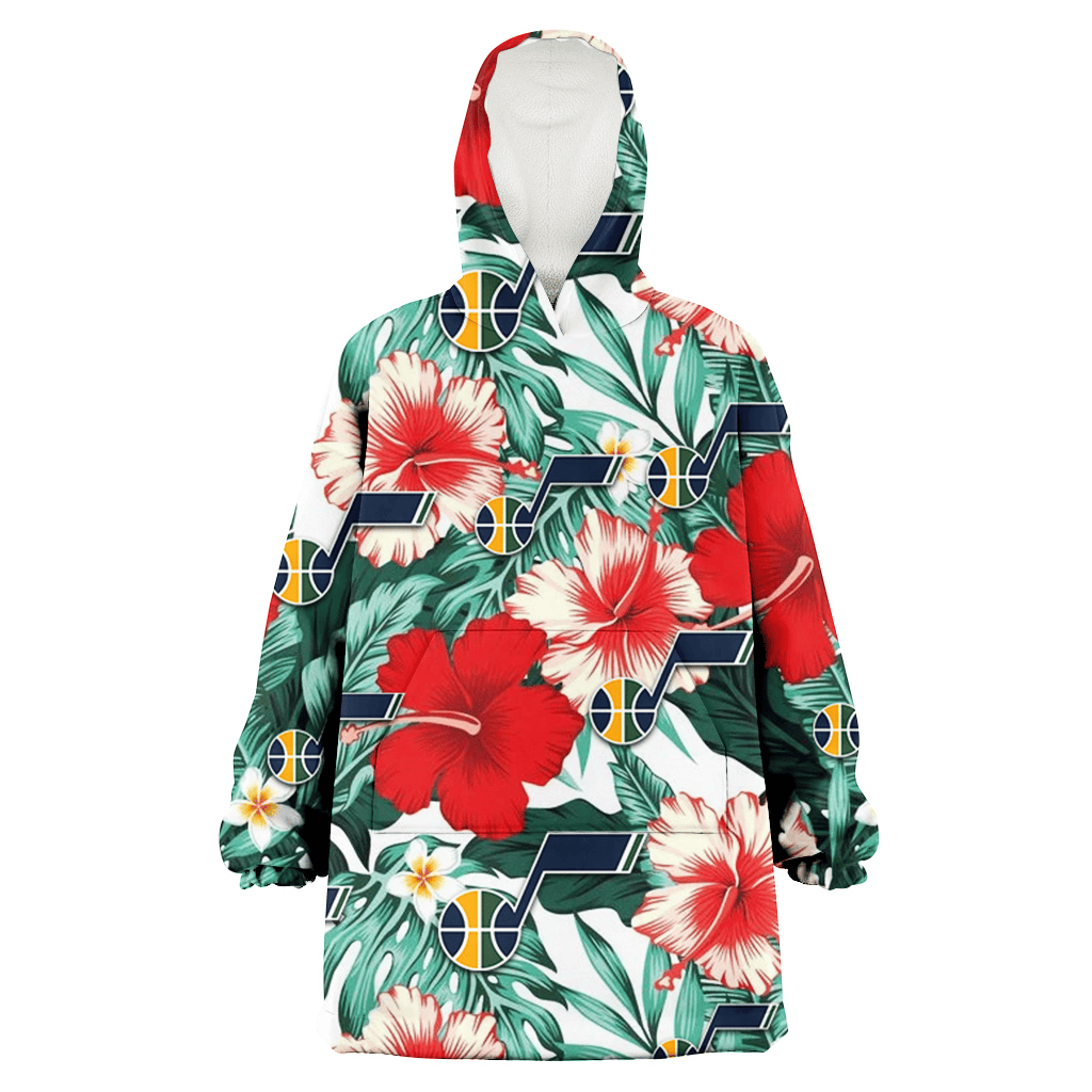 Utah Jazz Red Coral Hibiscus White Porcelain Flower Banana Leaf 3D Printed Hoodie Blanket Snug Hoodie