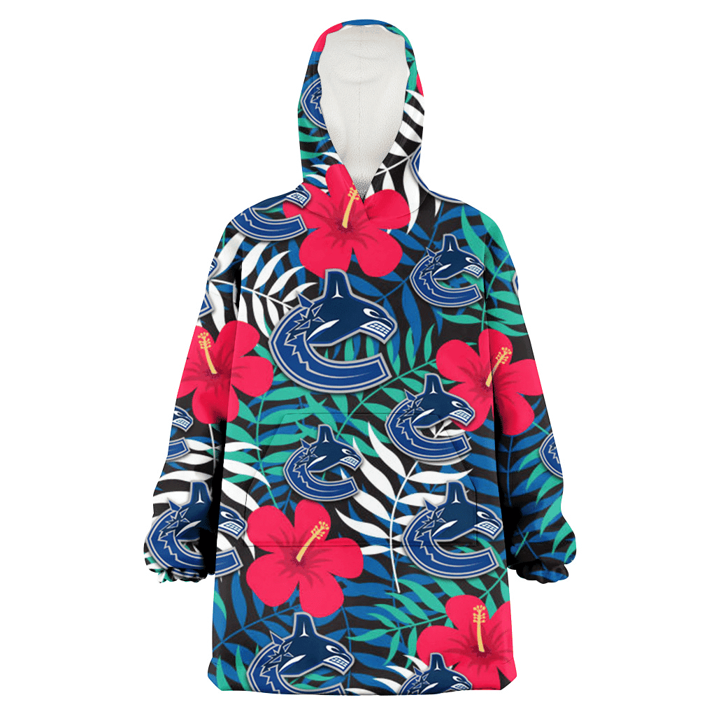 Vancouver Canucks Red Hibiscus Green Blue White Leaf Black Background 3D Printed Hoodie Blanket Snug Hoodie