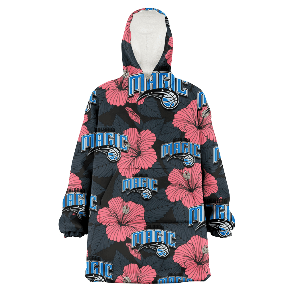 Orlando Magic Light Coral Hibiscus Gray Leaf Black Background 3D Printed Hoodie Blanket Snug Hoodie