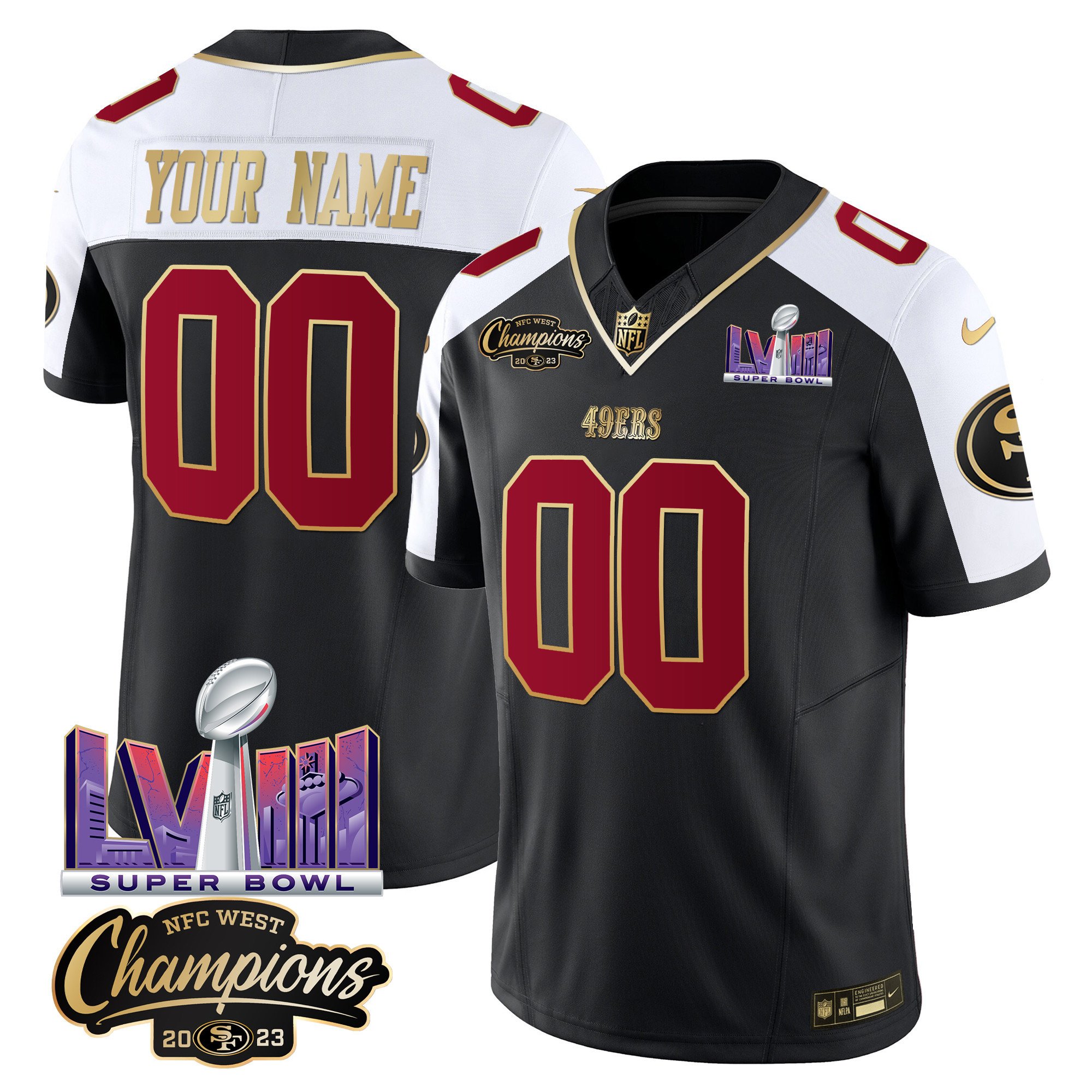 49Ers Nfc West Champions & Super Bowl Lviii Patch Vapor Custom Jersey V2 – All Stitched