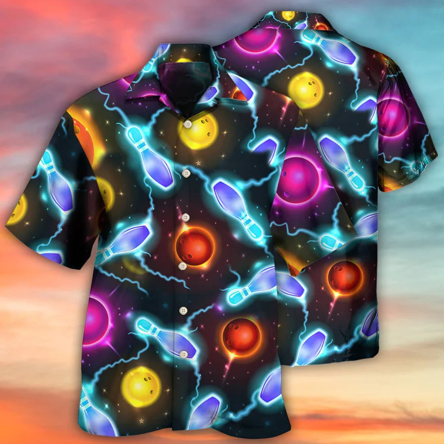 3D Bowling Hawaiian Shirt, Bowling Painting Hawaiian Shirt, Galaxy Bowling Ball And Pins Aloha Shirt For Men – Perfect Gift For Bowling Lovers, Bowlers