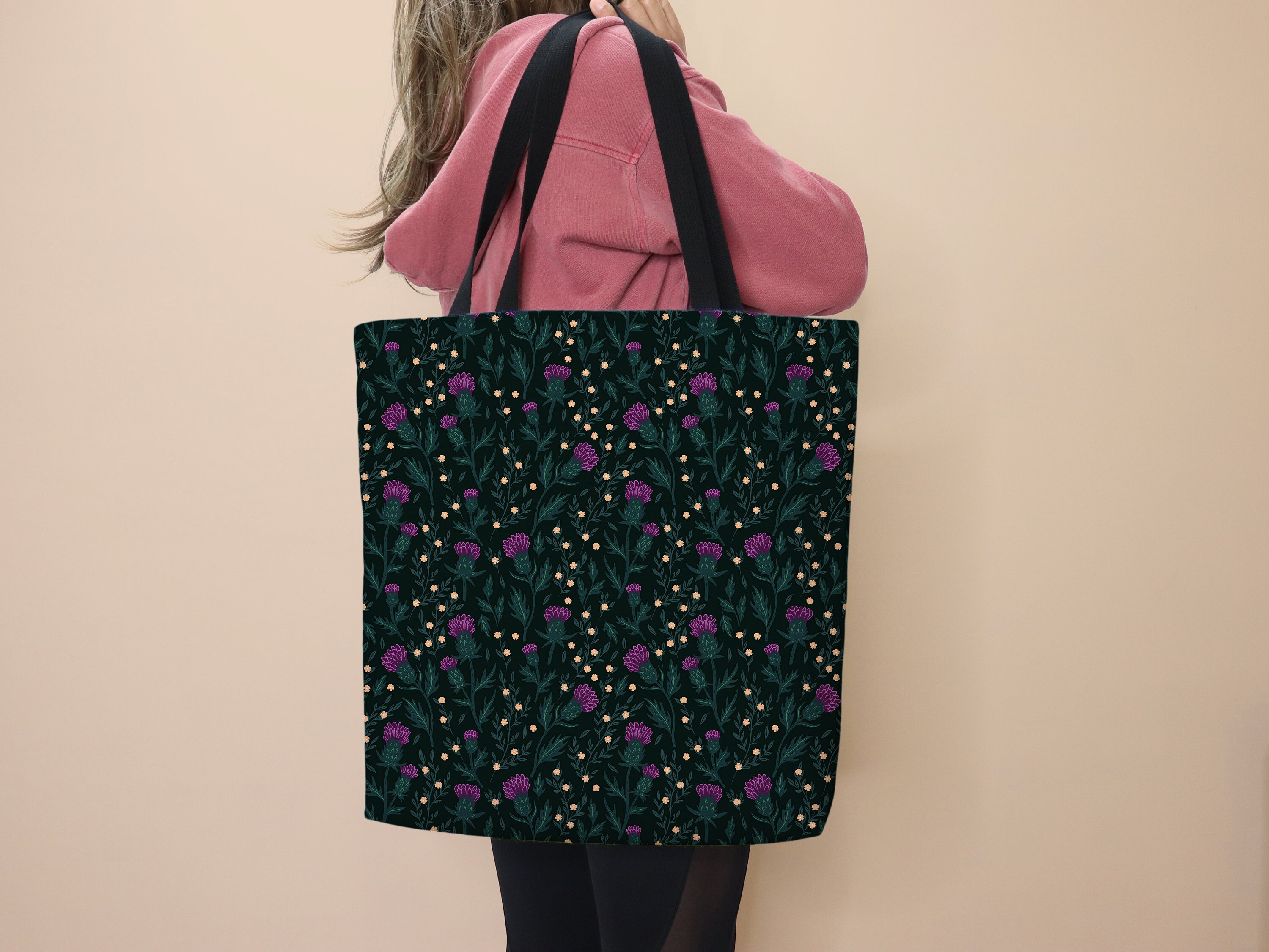 Thistle Tote Bag Dark Floral Bag School Tote Thistle Gift for Her Cute Bag Black Flowers Everyday Tote Grocery Bag Black Floral Work Tote