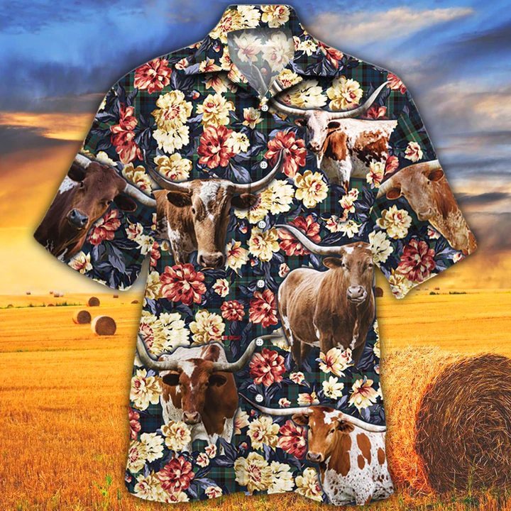 Cow Hawaiian Shirt, Tx Longhorn Cattle Lovers Green Plaid Pattern Hawaiian Shirt, Summer Hawaiian Shirt, Animal Shirt