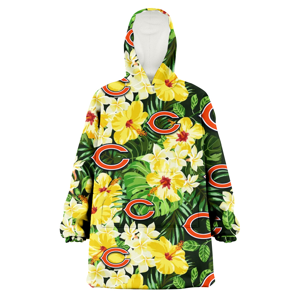 Chicago Bears Yellow Hibiscus Tropical Green Leaf Black Background 3D Printed Hoodie Blanket Snug Hoodie