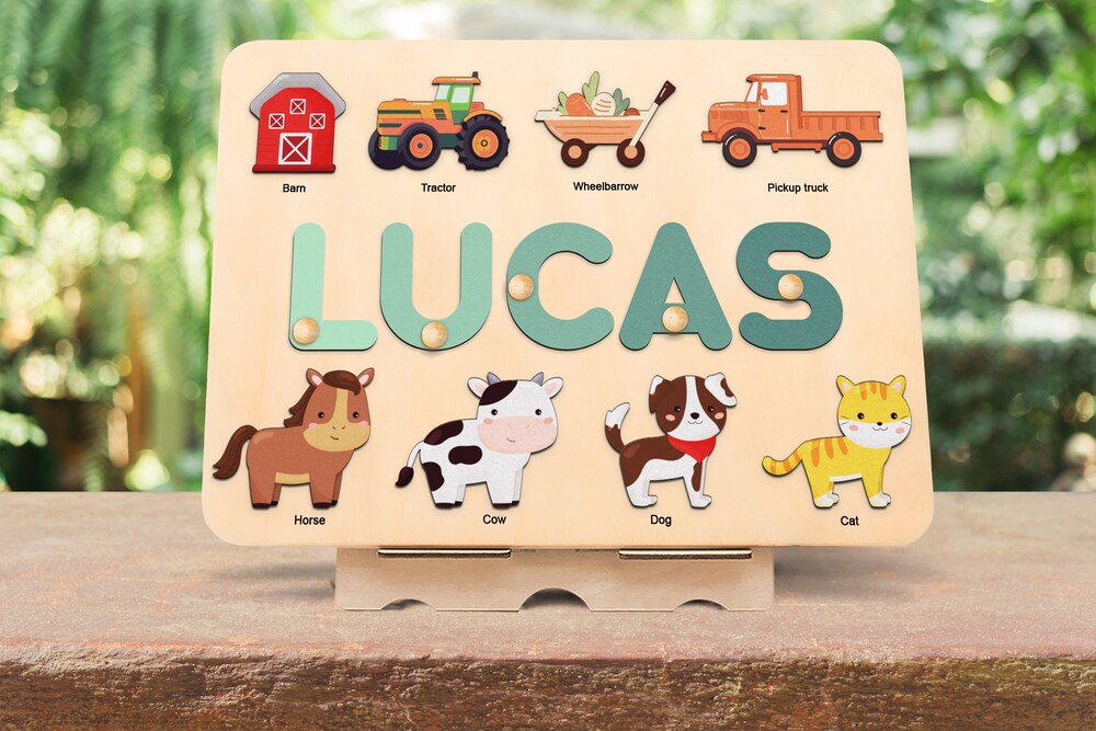 Farm Animal Name Puzzle With Pegs, Wooden Toy, Barnyard Animal, 1St Birthday Gift,Baby Shower Gift,1St Christmast Gift,Baby Shower Gift , Fall Outfit Ideas, New Arrival - Teecreations Fashion Everstyletees