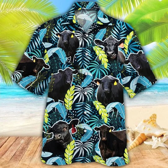 Black Angus Cattle Lovers Jungle Leaves Hawaiian Shirt, Unisex Print Aloha Short Sleeve Casual Shirt