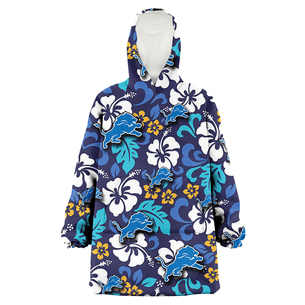 Detroit Lions White Hibiscus Ceramic Style Navy Background 3D Printed Hoodie Blanket Snug Hoodie