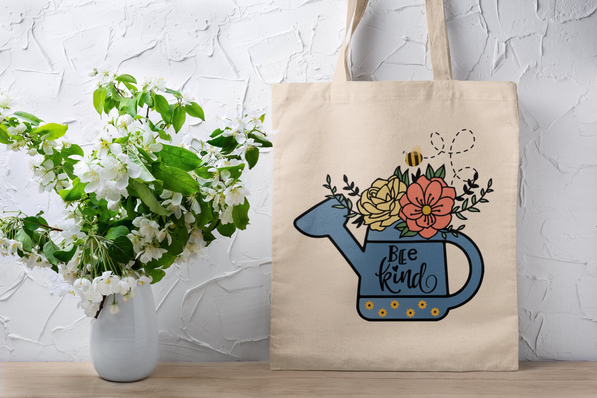 Be Kind Canvas Tote Bag | Spring Watering Can Tote Bag | Gardening Bag | Vintage Tote Bag | Sustainable Bag | Shopping Bag | School Bag