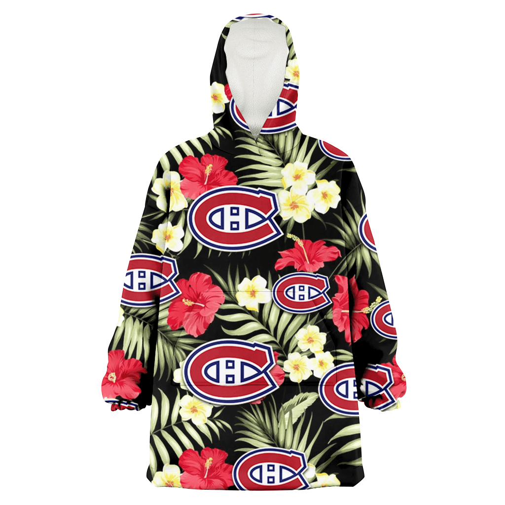 Montreal Canadiens Red Hibiscus Yellow Porcelain Flower Black Background 3D Printed Hoodie Blanket Snug Hoodie