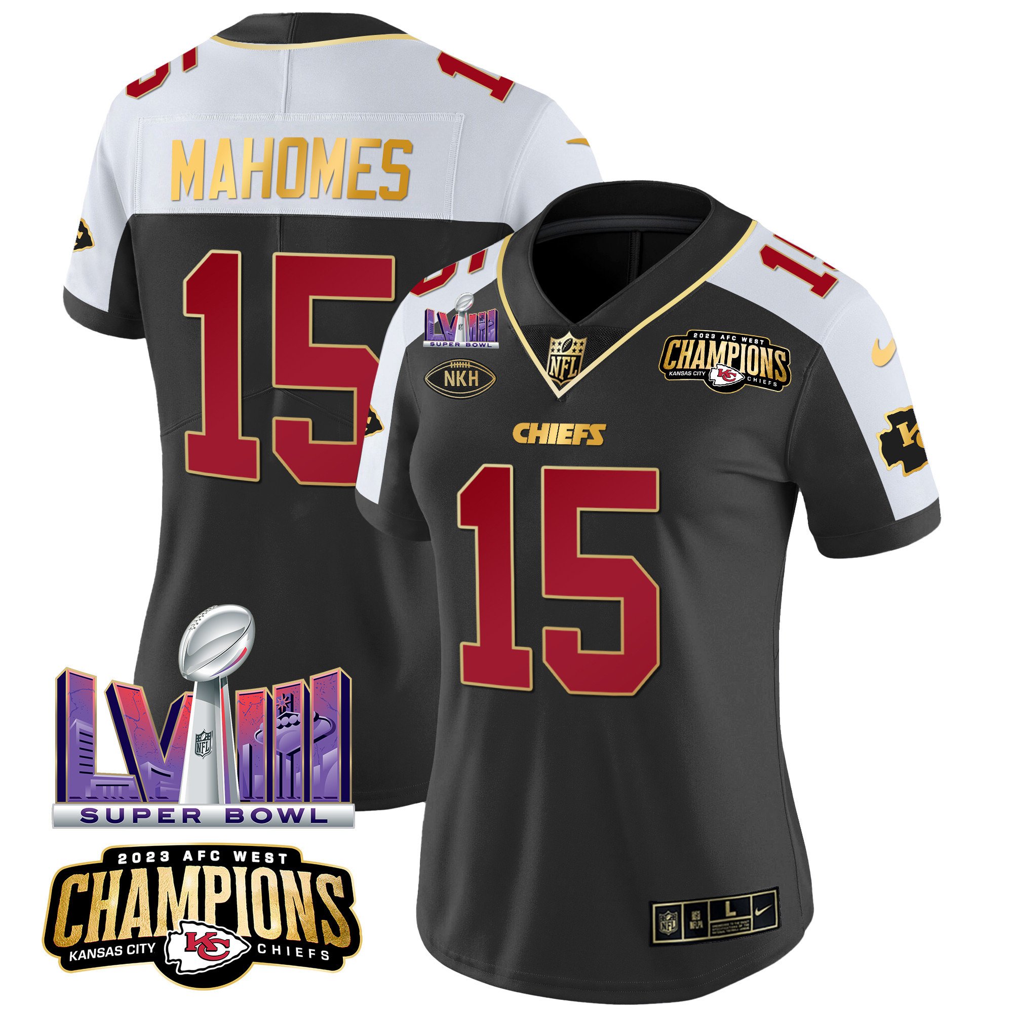 Women’S Chiefs Afc West Champions & Super Bowl Lviii Patch Vapor Jersey – All Stitched