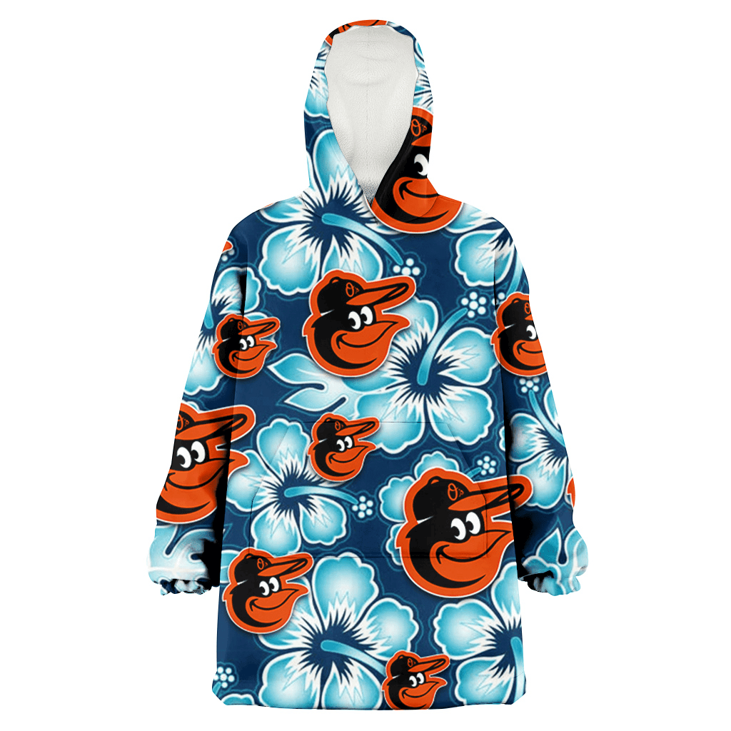 Baltimore Orioles Dark Turquoise Hibiscus Navy Background 3D Printed Hoodie Blanket Snug Hoodie