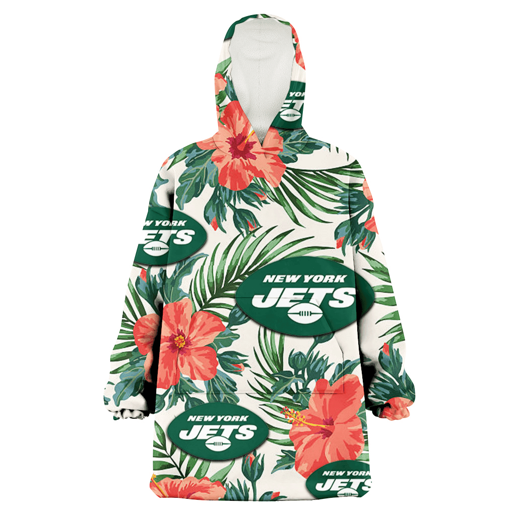 New York Jets Coral Hibiscus Green Leaf Beige Background 3D Printed Hoodie Blanket Snug Hoodie