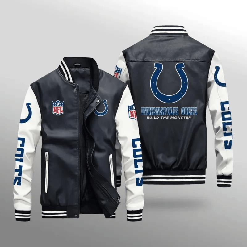 Indianapolis Colts NFL Team Personalized Name Back Logo Leather Bomber Jacket