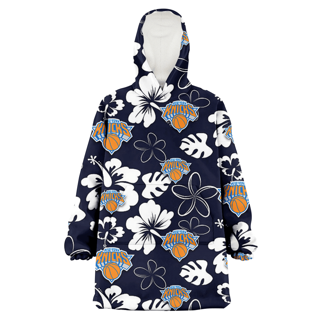 New York Knicks White Hibiscus Sketch Porcelain Flower Navy Background 3D Printed Hoodie Blanket Snug Hoodie