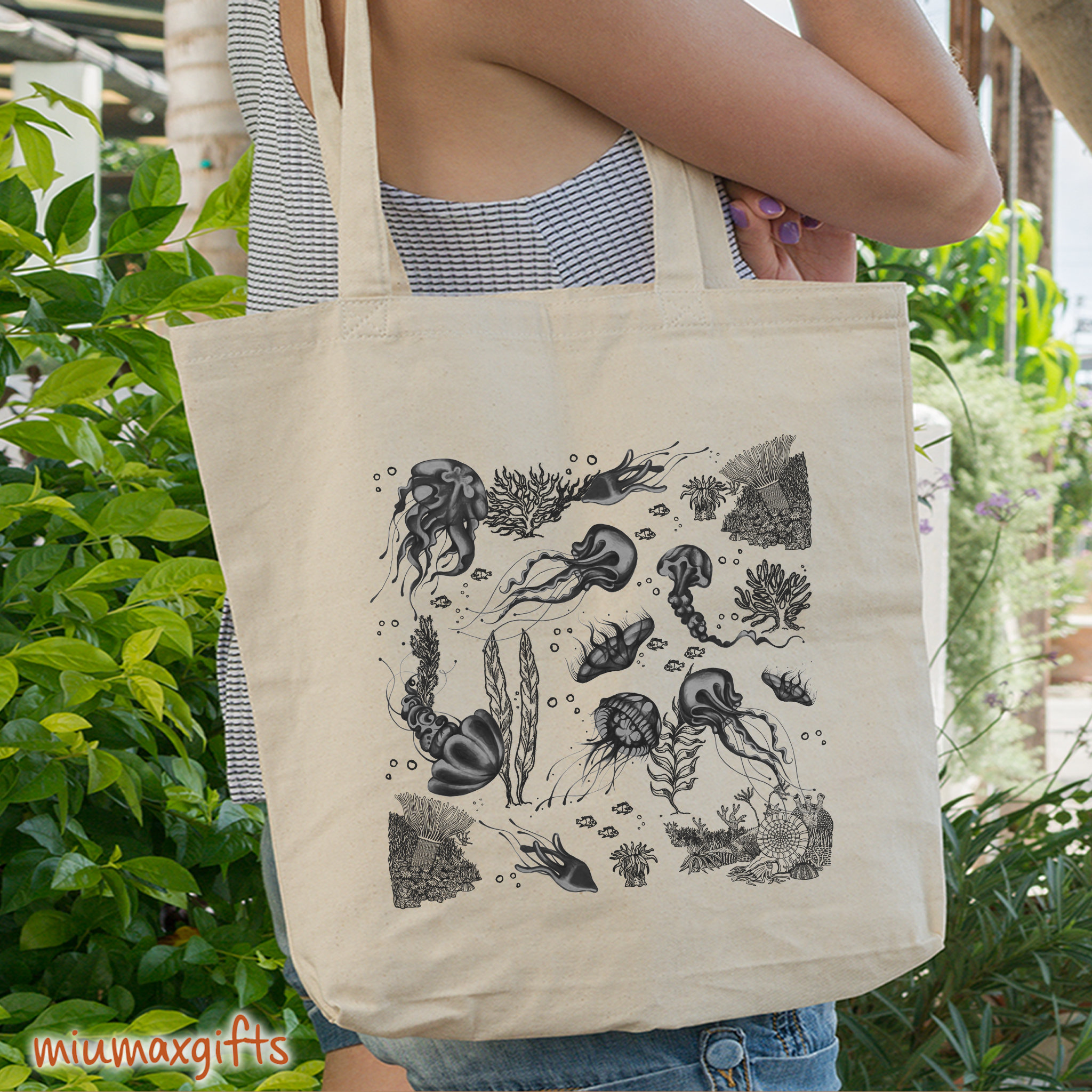 Jellyfish Cotton Tote Bag, Jellyfish Tote Bag, Fish Bag, Design By Miumaxgift, Ocean Life Bag, Eco-Friendly Tote Bag, Animal Bag