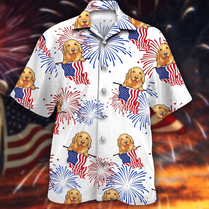 Smiley Face Golden Retriever White 4Th Of July Hawaiian Shirt