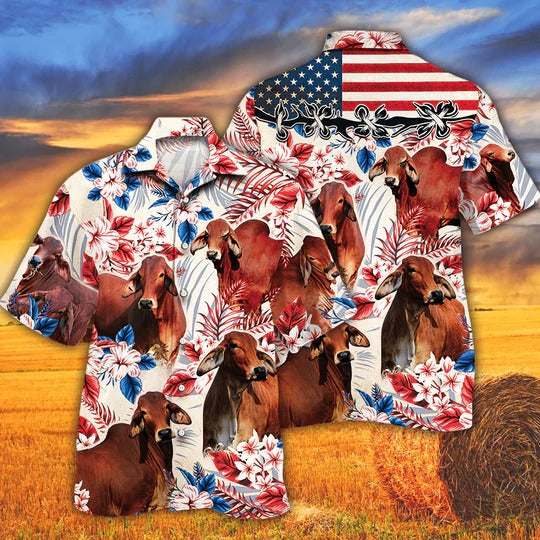 Red Brahman Cattle Lovers American Flag Hawaiian Shirt, Unisex Print Aloha Short Sleeve Casual Shirt