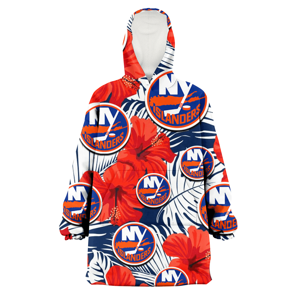 New York Islanders White Tropical Leaf Red Hibiscus Navy Background 3D Printed Hoodie Blanket Snug Hoodie