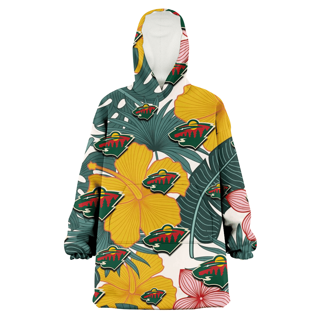 Minnesota Wild Yellow Hibiscus Green Banana Leaf Pink Porcelain Flower 3D Printed Hoodie Blanket Snug Hoodie