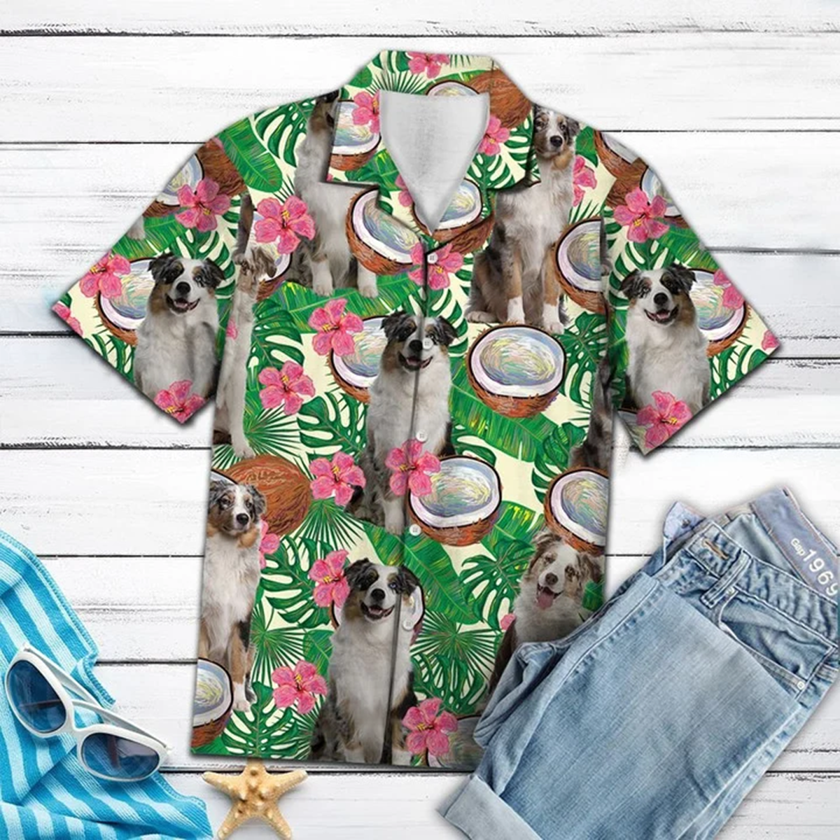 Awesome Australian Shepherd Tropical Coconut Pattern Hawaiian Shirt, New Hawaiian Shirt